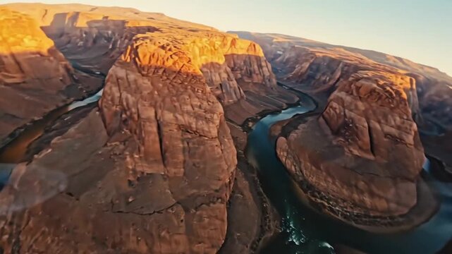 Aerial view of Horseshoe Bend canyon at sunrise with winding river and red rock cliffs, dramatic desert landscape with copy space