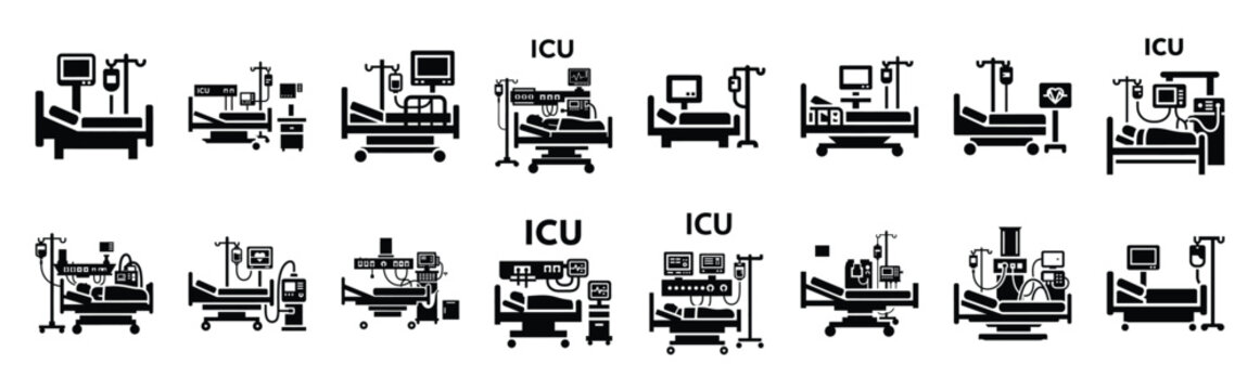 hospital icu room vector icon set multiple style collection. doctor day silhouette medical symbols for healthcare