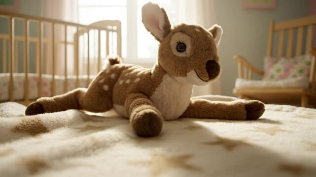 Cute plush deer toy falling on cozy blanket inside sunlit baby nursery with crib and rocking chair