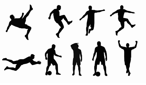 Professional soccer player silhouette vector set with dramatic football poses on white