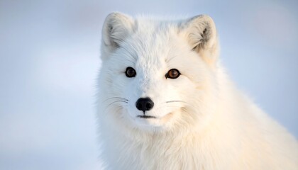 Naklejka premium Close-up of a fluffy white arctic fox with dark eyes, set against a snow-covered landscape