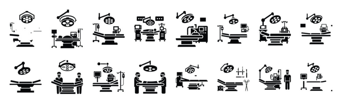 surgery room vector icon set multiple style collection. doctor day silhouette medical symbols for healthcare