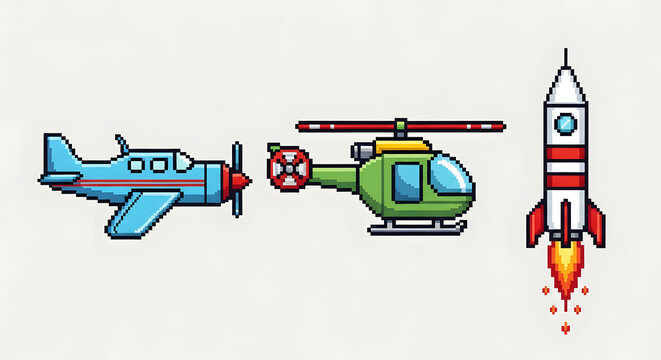 Pixel Art Air Vehicles Collection: Retro Plane, Helicopter, and Launching Rocket Icons for Game Design and Digital Projects