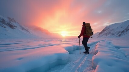 Obraz premium adventure photographer hiking across frozen landscape at sunset outdoor exploration scene with dramatic winter light and vast icy terrain concept of tourism media outdoor gear business