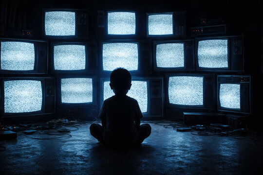 Silhouette of a young child sitting in front of many old tvs displaying white noise