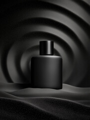 A luxurious black perfume bottle against a textured sand background with a circular pattern.