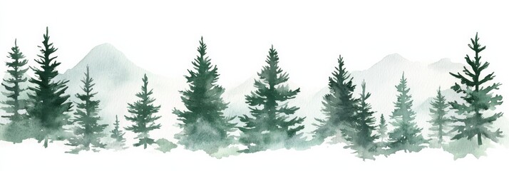 Obraz premium Tall pine trees stand against mountains in a natural landscape with a white background and watercolor style