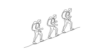 Fototapeta premium men hiking uphill in a continuous line art style symbolizing progress challenge and the journey towards success or adventure for business concepts.