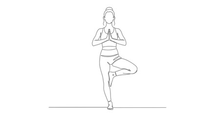 yoga woman tree pose line art illustration showing balance and mindfulness for healthy lifestyle fitness wellness and mental health designs.