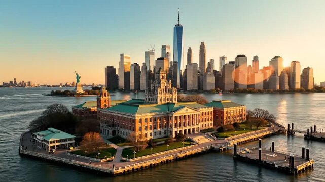 Aerial view of Ellis Island with the Statue of Liberty and the Manhattan skyline at sunset