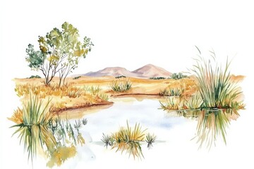 Kalahari landscape with water source, grass, and trees under clear sky in watercolor art