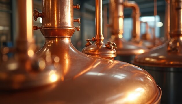 Shiny copper distillery stills in a modern brewery production area. Equipment is polished and reflects light. Industrial manufacturing facility for brewing beverages.