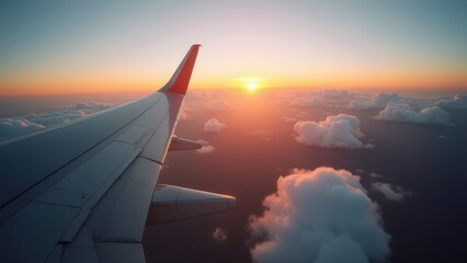 Obraz premium aerial view from airplane window above green ground with beautiful clouds at sunrise earth and sky seen through aircraft window travel scene concept of aviation tourism transportation business