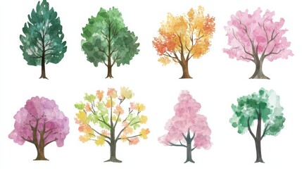 Fototapeta premium Collection of watercolor trees representing spring and summer styles on white background with various colors and shapes