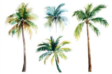 Obraz premium Hand drawn tropical trees showing unique shapes and colors featuring palm trees in watercolor art style on a white background