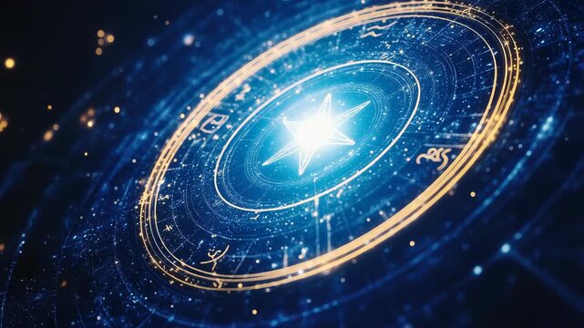 Zodiac wheel spinning on starry night sky, mystical astrology concept with horoscope and star signs, cosmic background, copy space