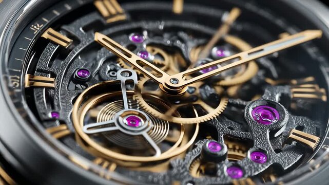 4K Luxury automatic skeleton watch movement closeup intricate mechanical gears, golden hands, and purple rubies visible video
