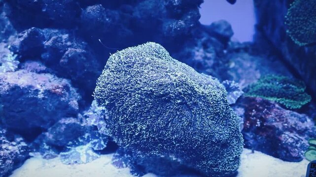 Vibrant coral on a rock sways gracefully under the water current in an aquarium. Macro footage showcases the natural beauty of the marine ecosystem, delicate polyp movements, and rich underwater color