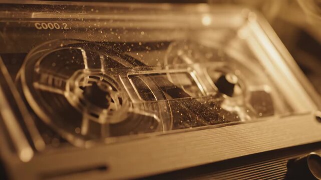 Detailed macro view of a transparent audio cassette stationary inside a player, bathed in warm, golden light. Shimmering dust particles float gently in the atmosphere around the magnetic reels.