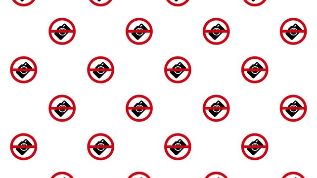 Seamlessly looping motion graphic featuring a repeating pattern of No Photography icons. This flat design animation of prohibited camera symbols on a white background is ideal for security and privacy