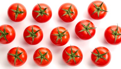 Overhead shot of numerous, bright red, ripe tomatoes against a clean, white background