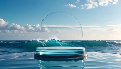 A glass-enclosed podium sits in water, ocean waves behind under a bright blue sky