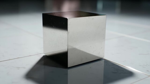 4K Reflective metallic cube on a light tiled floor with dramatic shadows and reflections, showcasing industrial design and abstract geometry video