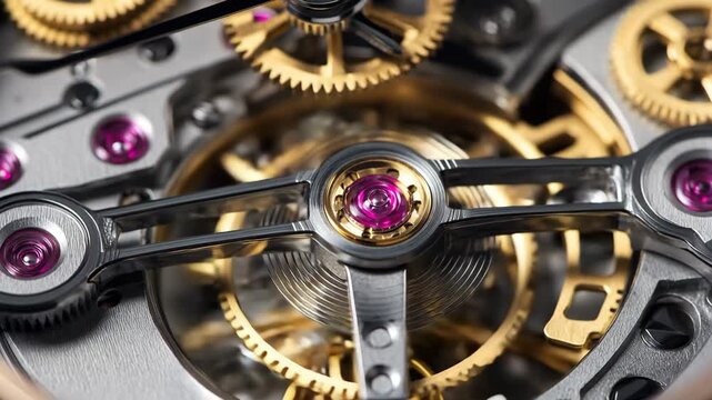 4K Closeup of intricate mechanical watch movement with gears, springs, and ruby jewels, showcasing precision engineering and craftsmanship video