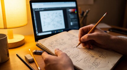 Person's hands drawing on paper with pencil at desk with laptop and lamp