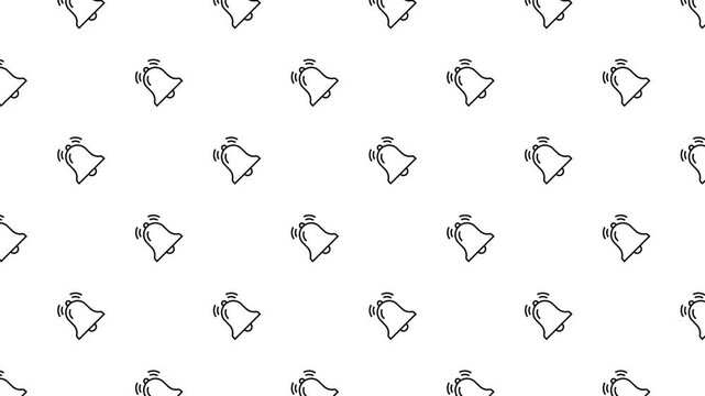 Seamless pattern of minimalist ringing bell icons in a line art style. Black outlines on a clean white background. Perfect for notification alerts, alarm concepts, school reminders, and UI design.