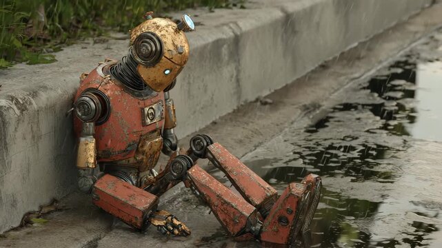 4K Sad rusty robot sitting in the rain by a curb with puddles, looking dejected and abandoned on a gloomy day video