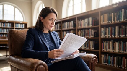 Businesswoman reading documents in a library sitting in a leather armchair surrounded by bookshelves and natural light