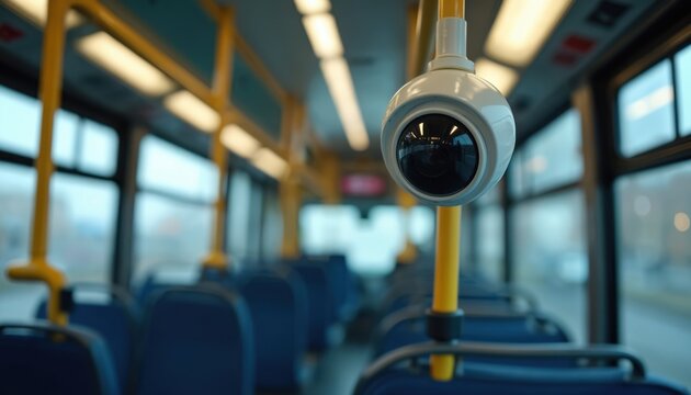 Security camera installed inside empty bus. Dome device records passenger activity. Public transit vehicles use CCTVs for safety and crime prevention.