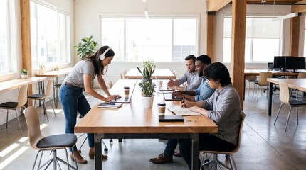 Diverse small team collaborating around wooden table in modern office space with natural light