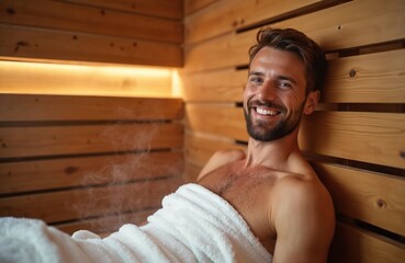 Fototapeta premium Man smiles happily while relaxing in a steamy wooden sauna. He wears a white towel. Enjoying wellness, heat and steam therapy in a spa salon.
