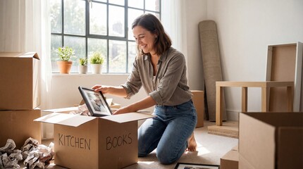 Young professional woman unpacking boxes and using laptop in new home office space with natural light