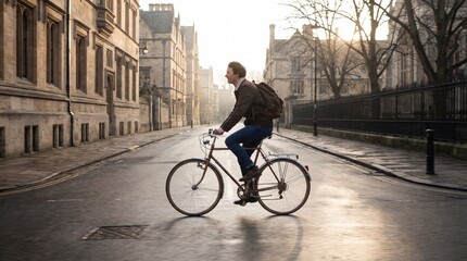Young adult male riding bicycle down empty city street at sunrise with backpack on wearing casual clothes