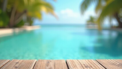 Obraz premium table surface with tropical swimming pool or beach in background summer vacation scene with blue water and resort atmosphere natural outdoor setting concept of travel tourism hospitality business