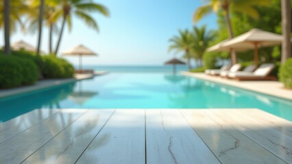 table surface with tropical swimming pool or beach in background summer vacation scene with blue water and resort atmosphere natural outdoor setting 