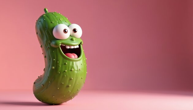 Happy cartoon pickle character with big eyes and wide smile. This joyful green vegetable is rendered in 3D on a soft pink background. It looks funny and friendly.