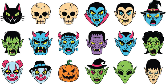 Cartoon Funny Monsters Heads Halloween Vector, Halloween Monster Face Icons Set, Cartoon Horror Characters Vector Collection