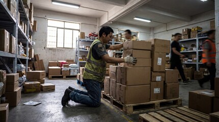 Warehouse worker organizing cardboard boxes on pallet in industrial storage room with coworkers