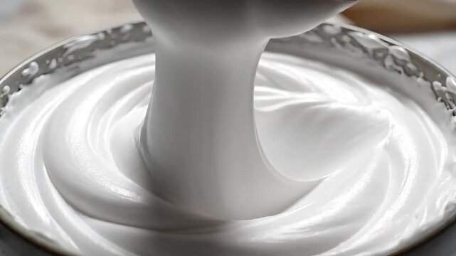 Smooth, glossy meringue being whipped in a metal bowl, creating soft peaks for baking.