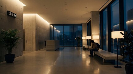 Lonely person sitting in a modern lobby with floor to ceiling windows at dusk feeling contemplative and isolated