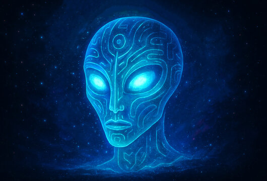 Glowing blue alien head with intricate energy patterns. Interstellar cosmic being shimmering against a dark starry background