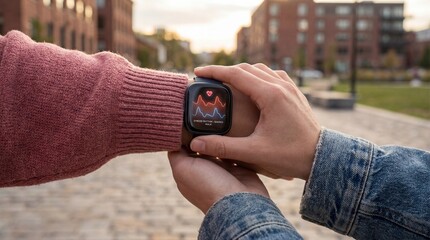 Closeup of two hands holding a smartwatch with a fitness app outdoors in an urban setting during sunset