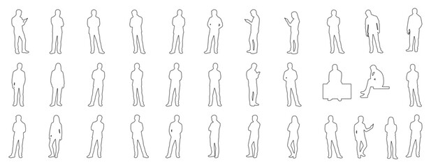 Naklejka premium Set of 32 standing people silhouettes in calm neutral poses for scale figures in architectural drawings, plans. Ideal for architecture, urban design