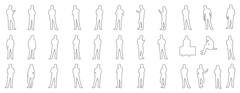 Set of 32 standing people silhouettes in calm neutral poses for scale figures in architectural drawings, plans.
Ideal for architecture, urban design