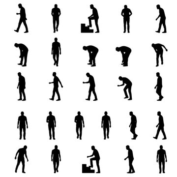 Set of 32 human figures in black silhouette style showing walking, standing, bending, stepping up and natural everyday movements. Diverse male poses captured in side and front views