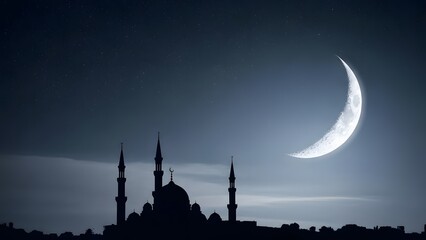 Naklejka premium Silhouette of mosque under crescent moon at night